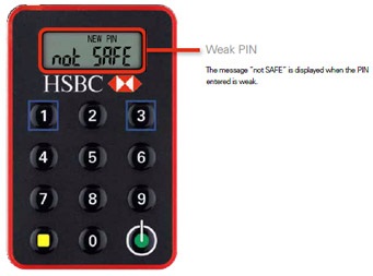 NEW PIN not SAFE' on the HSBC PIN-protected device; image used for HSBC Online Banking Help.