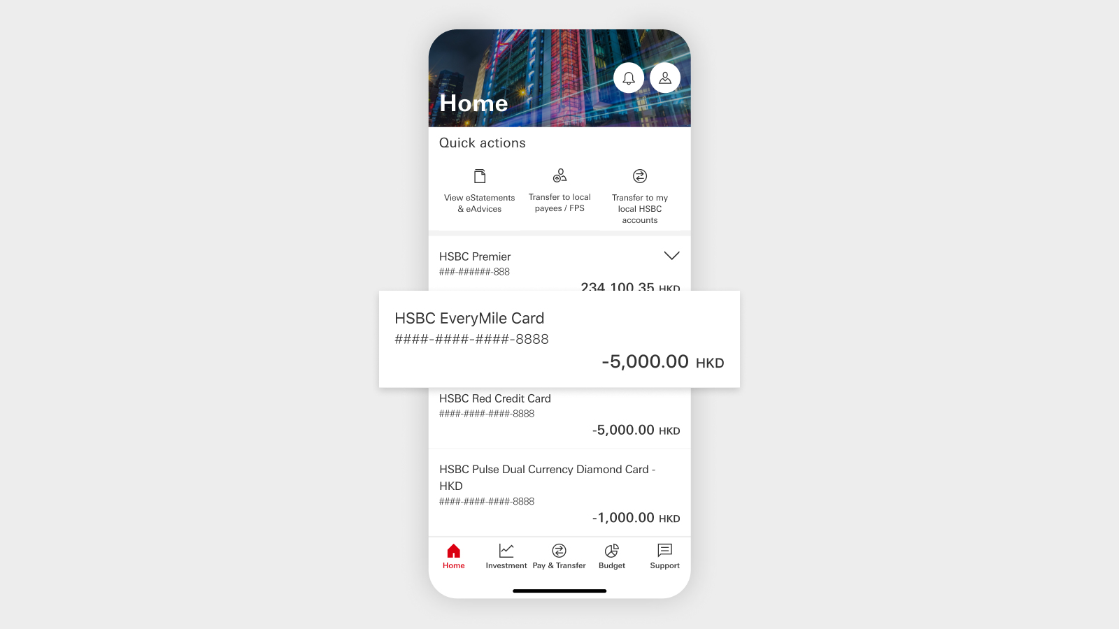 HSBC HK App screen with a credit card highlighted.