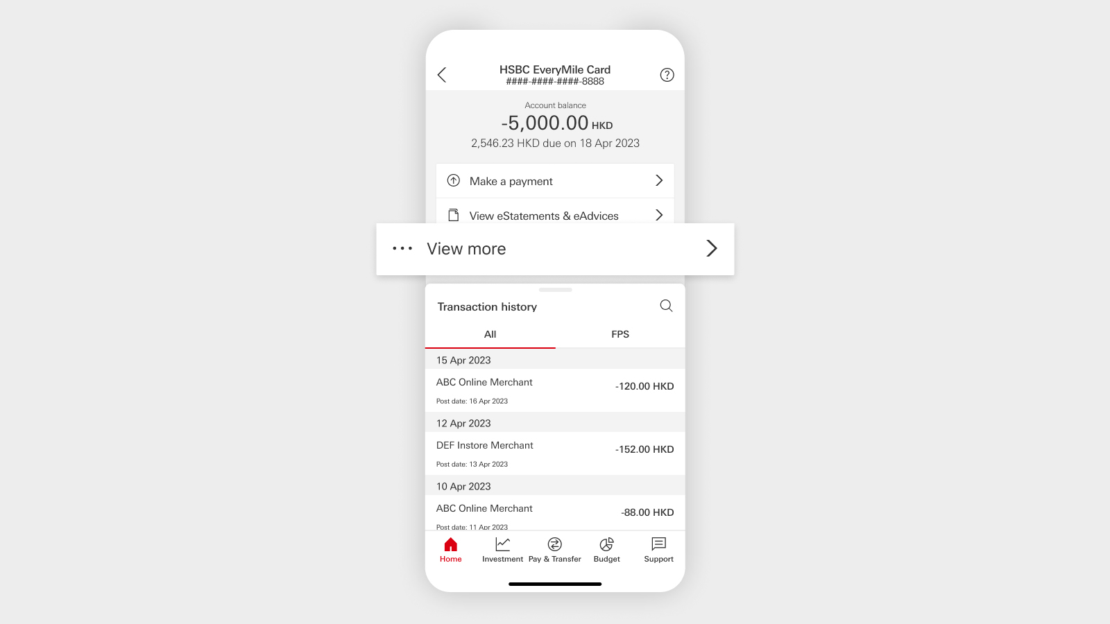 HSBC HK App screen with "View more" button highlighted.