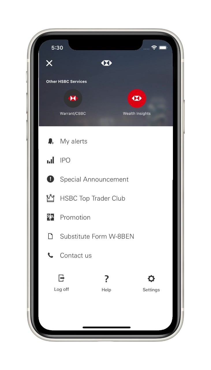 Screenshot of HSBC Easy Invest App, showing the Investments menu page