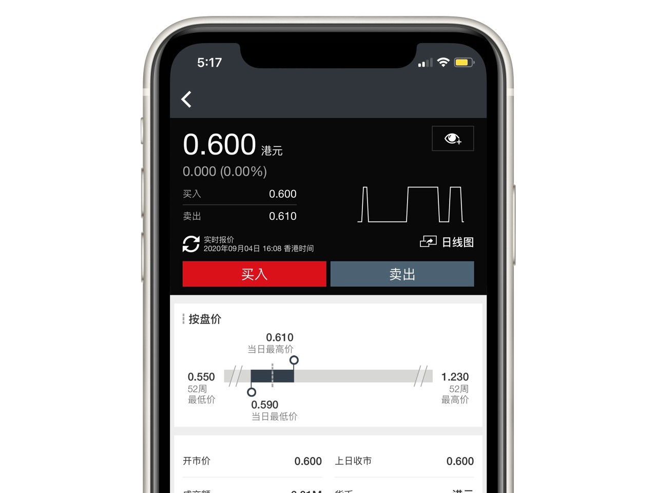 香港汇丰流动理财应用程序画面截图；显示买入及沽出股票功能