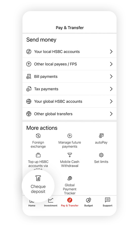 Screenshot of HSBC HK Mobile Banking App; Focus on the "Transfer & Bill Payment" and "Deposit Cheque" options.