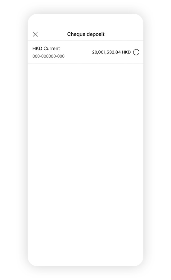 Screenshot of the HSBC HK mobile banking app; the page for selecting a deposit account is displayed.