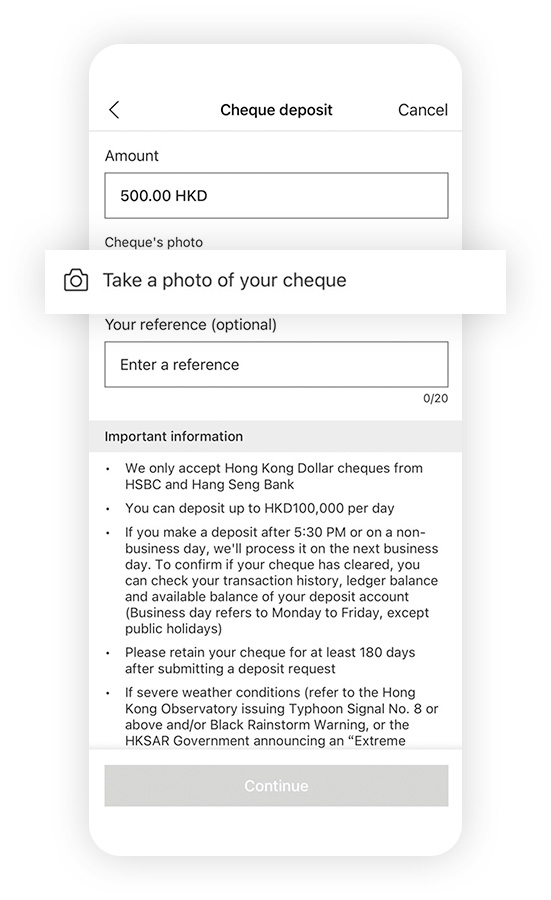 Screenshot of the HSBC HK Mobile Banking app; Focus on the "Capture Your Cheque" option.