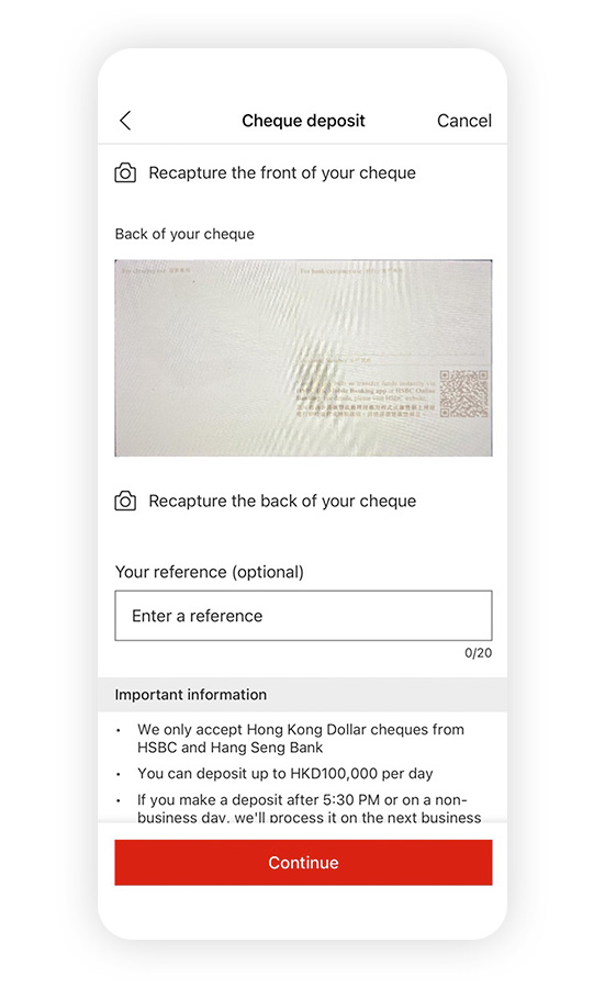 Screenshot of the HSBC HK mobile banking app; showing the Deposit Cheque page.