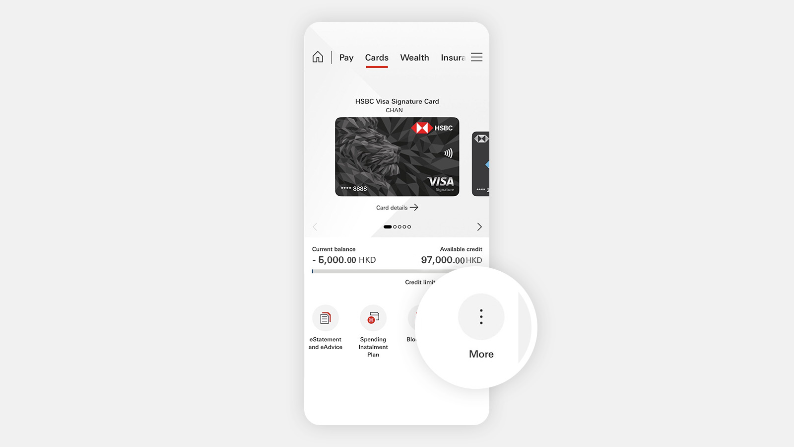 HSBC HK App screen with a credit card highlighted.