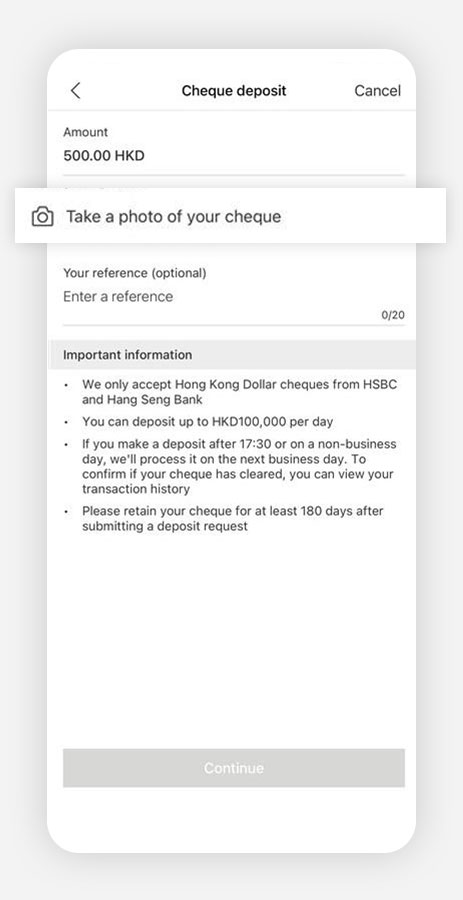 Screenshot of the HSBC HK Mobile Banking app; Focus on the "Capture Your Cheque" option.