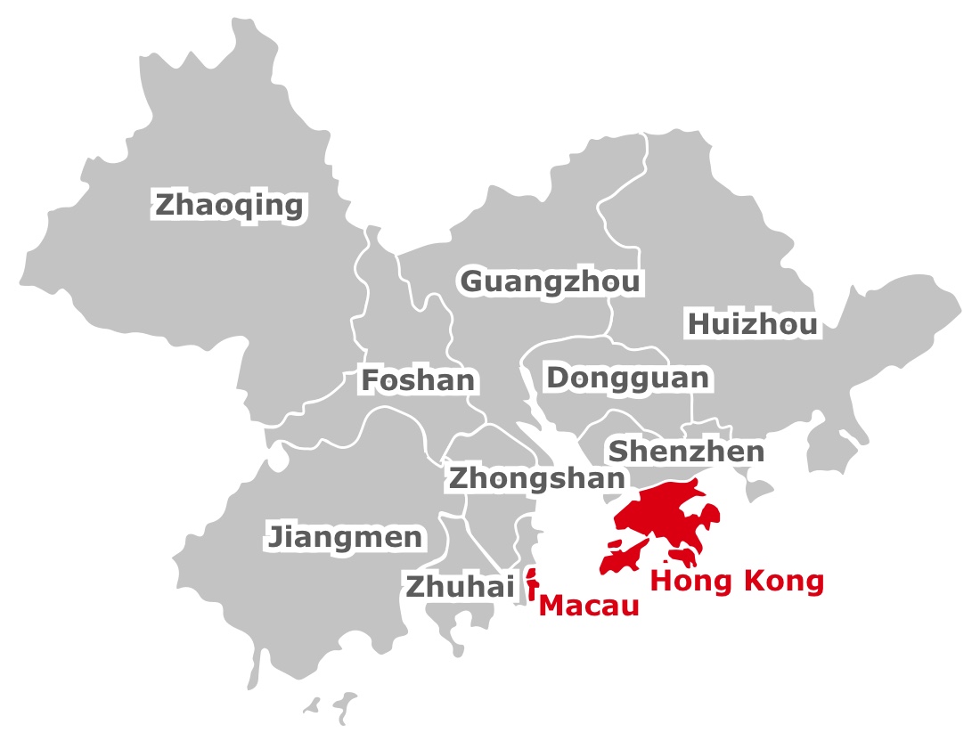 The map of China, highlighting the GBA cities and Hong Kong and Macau
