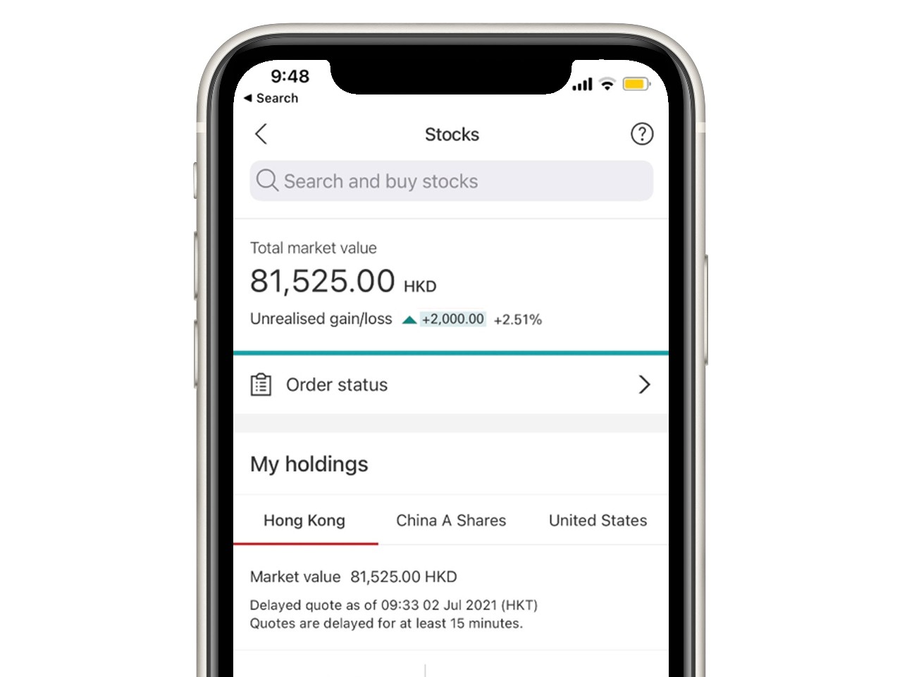 A mobile app screen showing the market value of the investment holdings